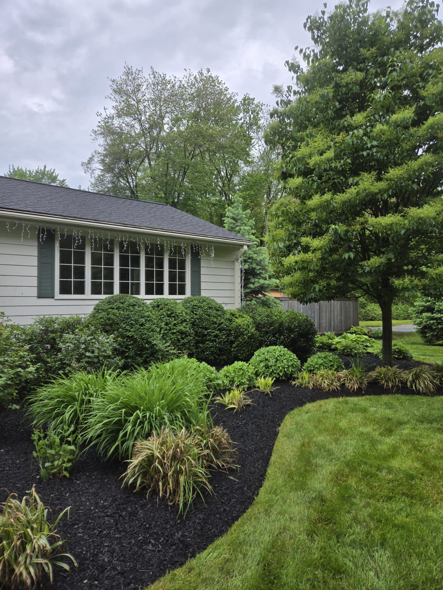 A white house with a dark roof and green shutters, fronted by a curved landscape bed filled with shrubs and dark mulch.