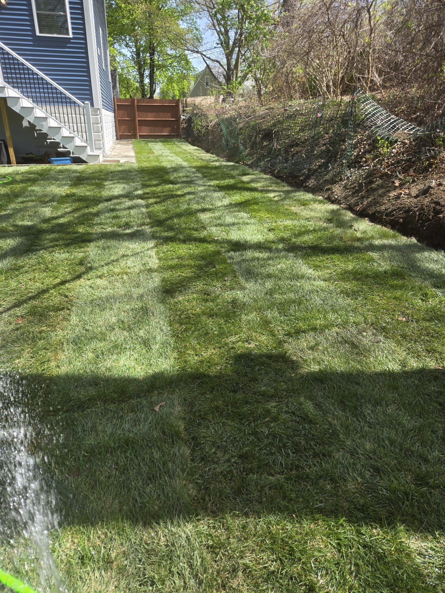 A blue house with white stairs overlooking a backyard with freshly mowed green grass, wooden fencing, and a slope.
