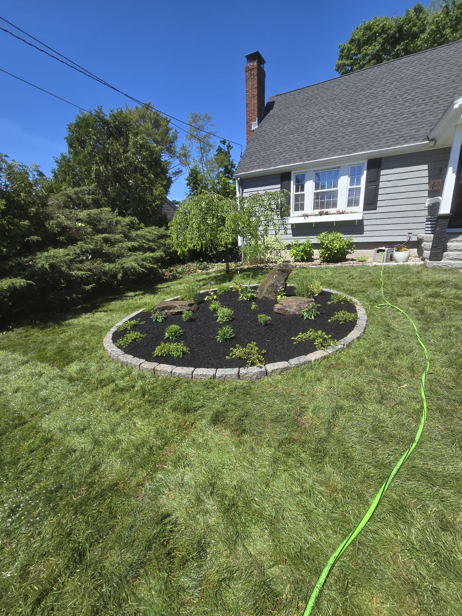 A circular garden bed with dark mulch and small green plants sits in the center of a grassy lawn in front of a house.