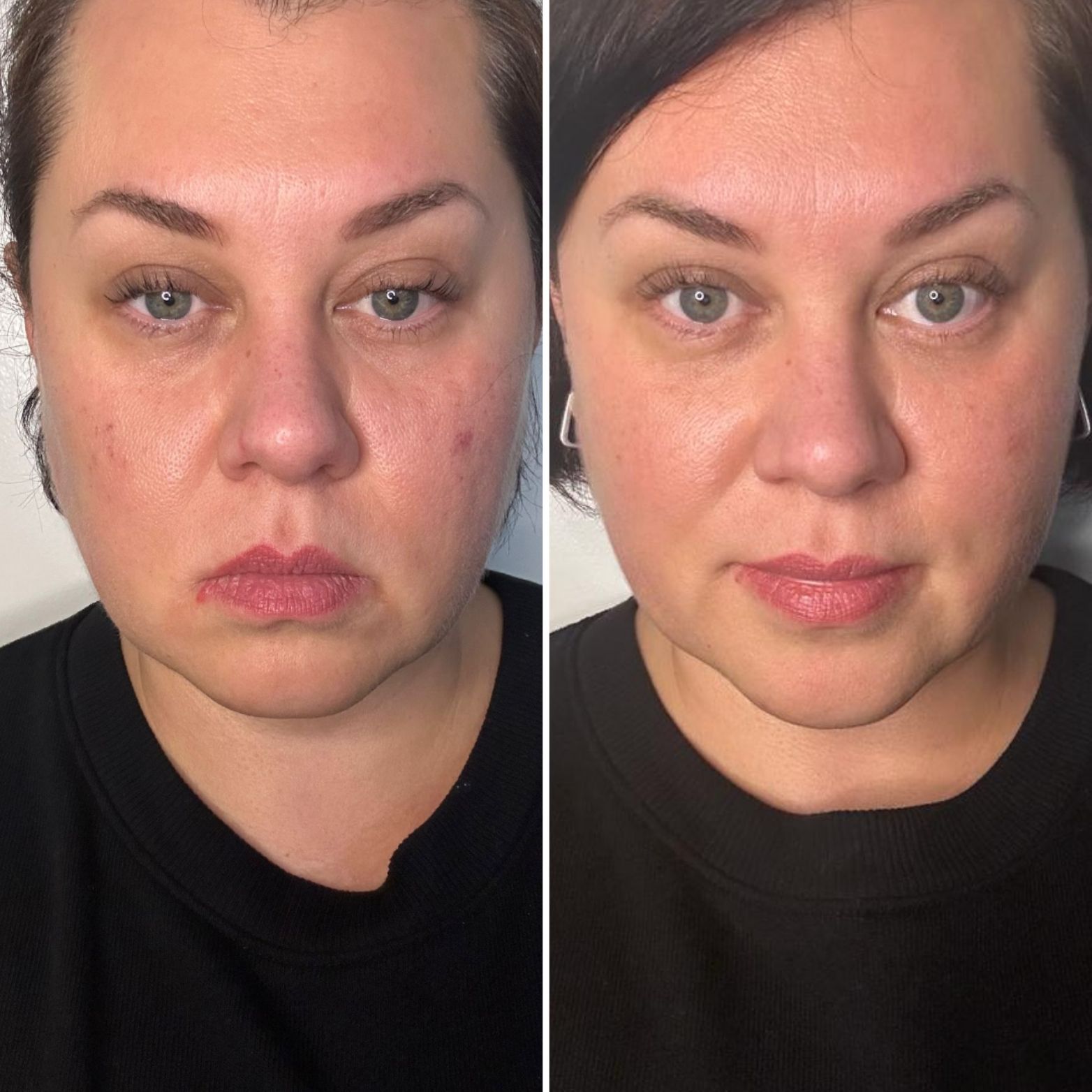 Side-by-side portrait: left shows a tired expression, right shows a brighter, makeup-enhanced face.