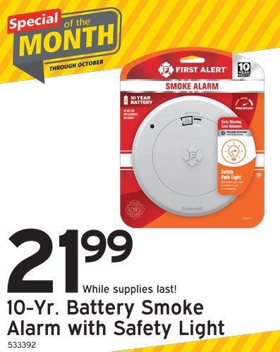 Smoke alarm sale for $21.99. Features a 10-year battery and safety light. Limited supply.