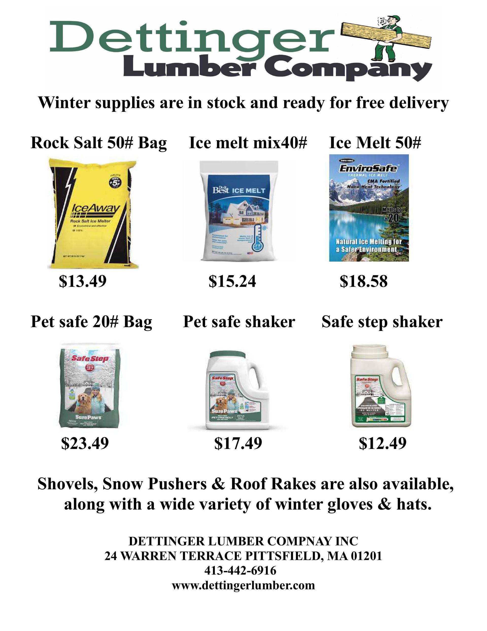 Advertisement for Dettinger Lumber Company with winter supplies: salt, ice melt, shovels, gloves.