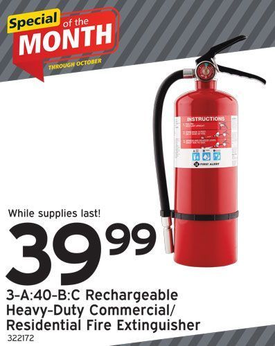 Red fire extinguisher, on sale for $39.99, 
