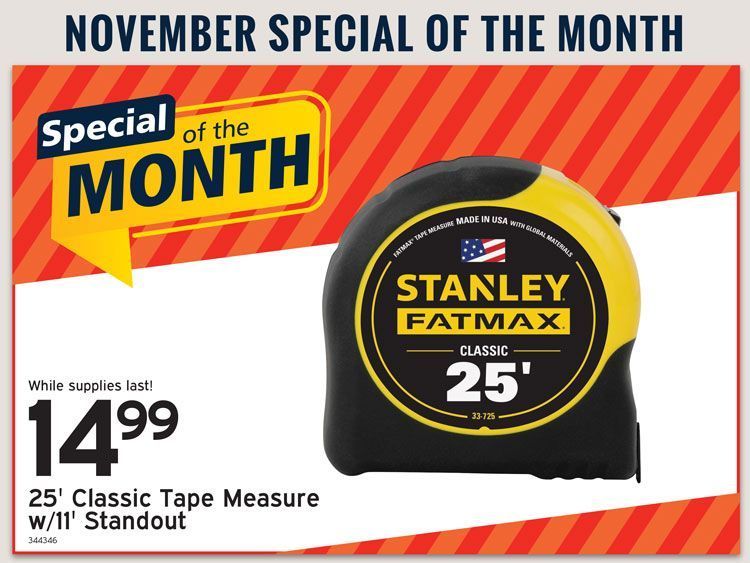 Stanley Fatmax 25' classic tape measure, November special. Price: $14.99, on an orange and white background.