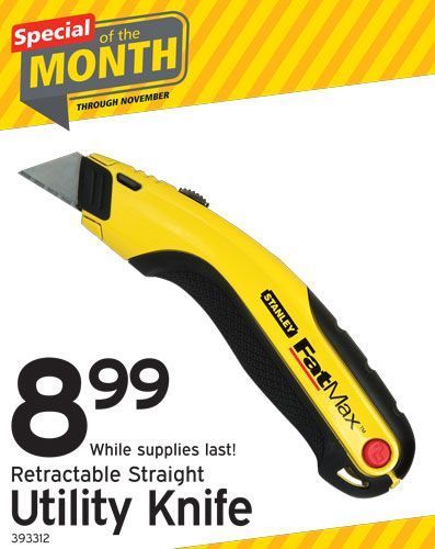Yellow and black Stanley FatMax retractable utility knife on sale for $8.99.