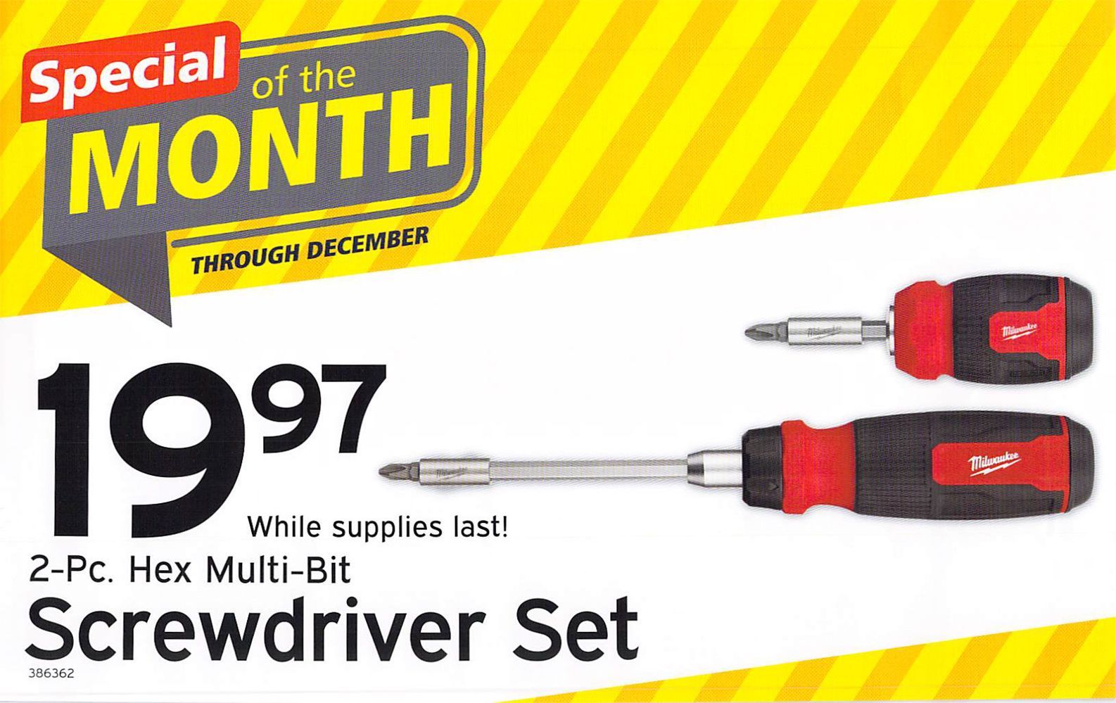 Screwdriver set sale for $19.97. Two multi-bit screwdrivers with red and black handles.