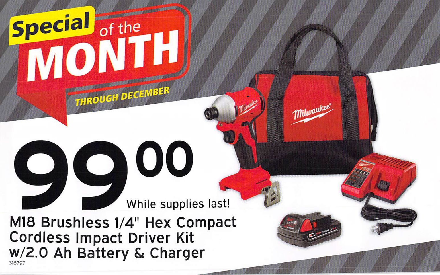 Milwaukee M18 brushless impact driver kit on sale for $99. Includes battery, charger, and a carrying bag.