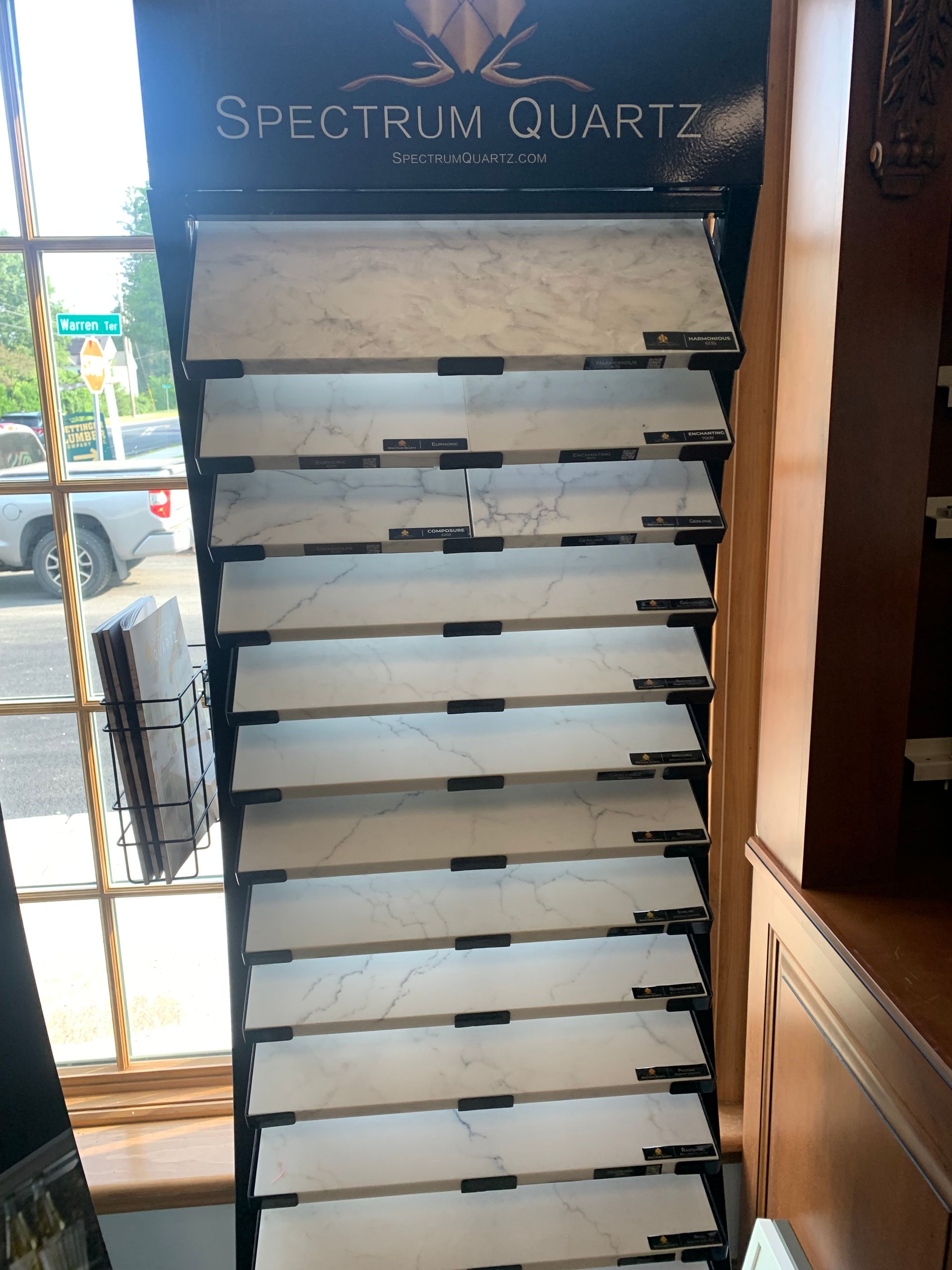 A display of spectrum quartz tiles in a store