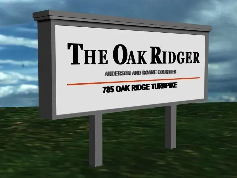 Sign for The Oak Ridger newspaper at 785 Oak Ridge Turnpike, Anderson and Roane Counties.