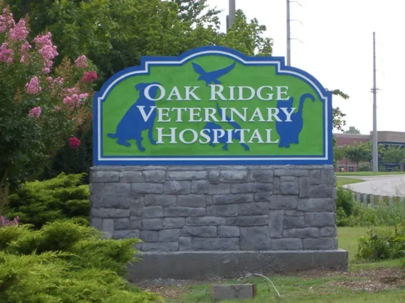 Sign for Oak Ridge Veterinary Hospital: blue text and animal silhouettes on a green background, stone base.