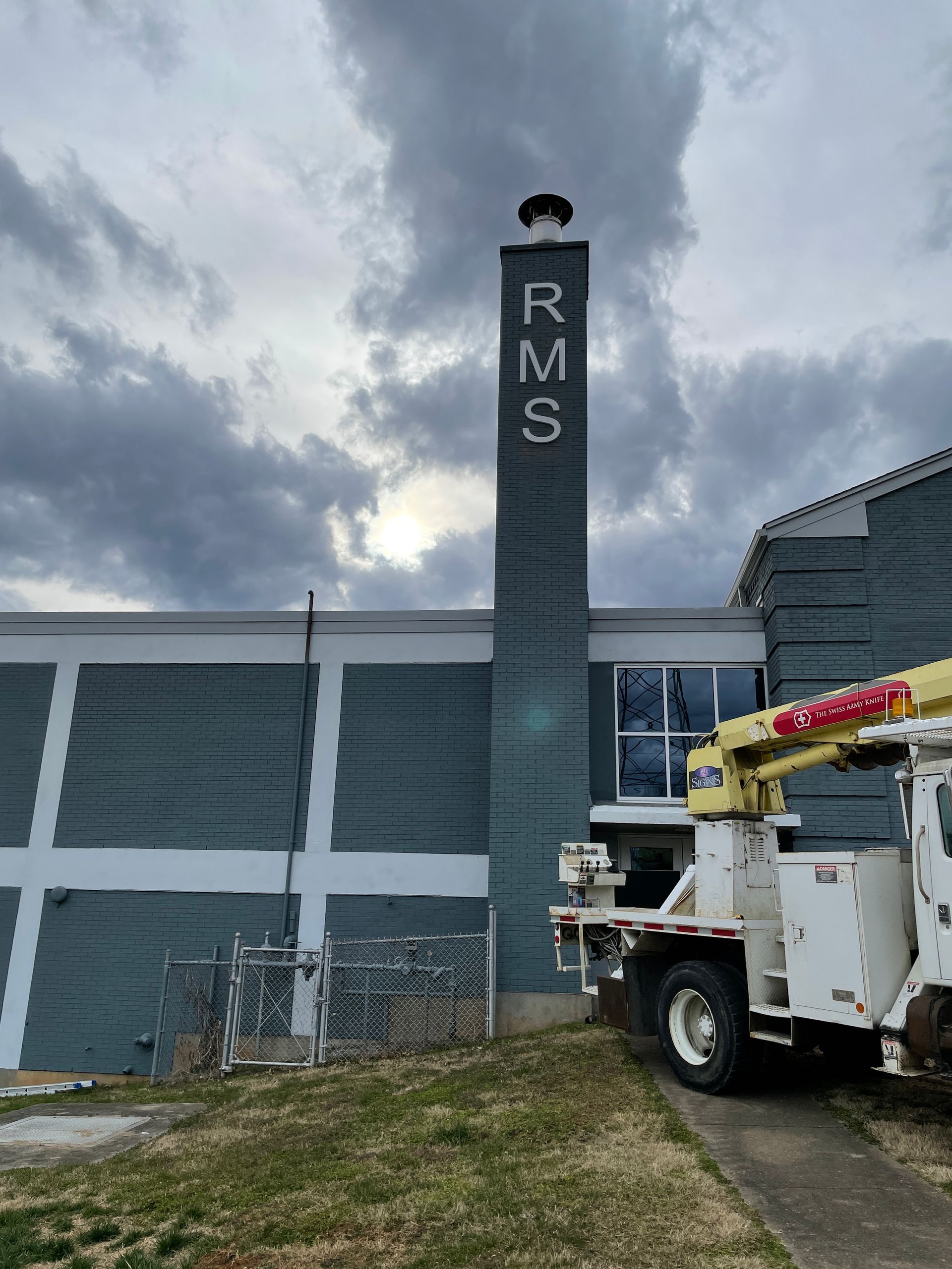 Tall chimney labeled 