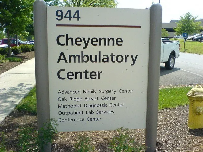 Sign for Cheyenne Ambulatory Center with address 944, listing services including surgery, breast center, and diagnostic center.