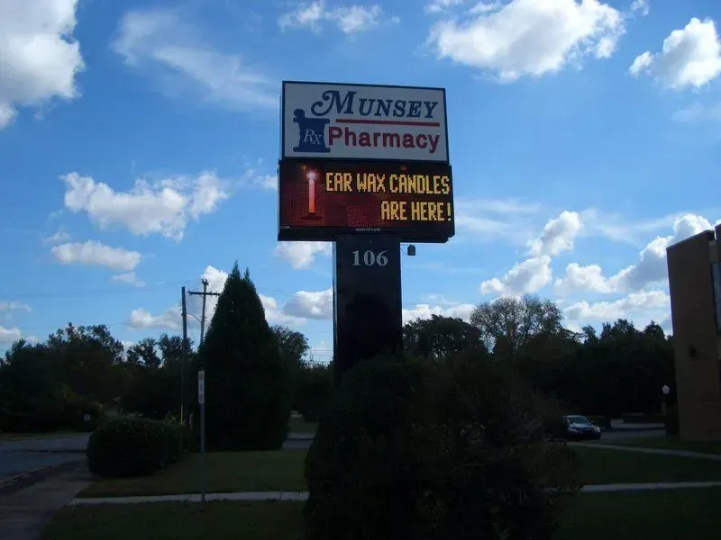 Sign for Munsey Pharmacy, text says, 