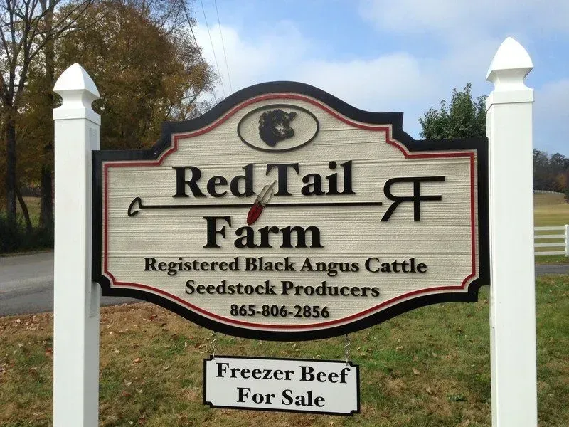 Sign for Red Tail Farm, registered Black Angus cattle seedstock producers, offering freezer beef for sale; contact information included.