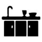 Black kitchen sink with faucet, countertop, cabinet doors, and dishes on top.