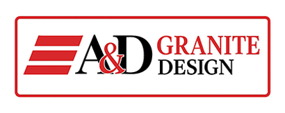A&D Granite Design logo in red and black with a stylized red stripe icon