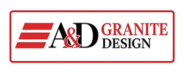 A&D Granite Design logo in red and black with a stylized red stripe icon