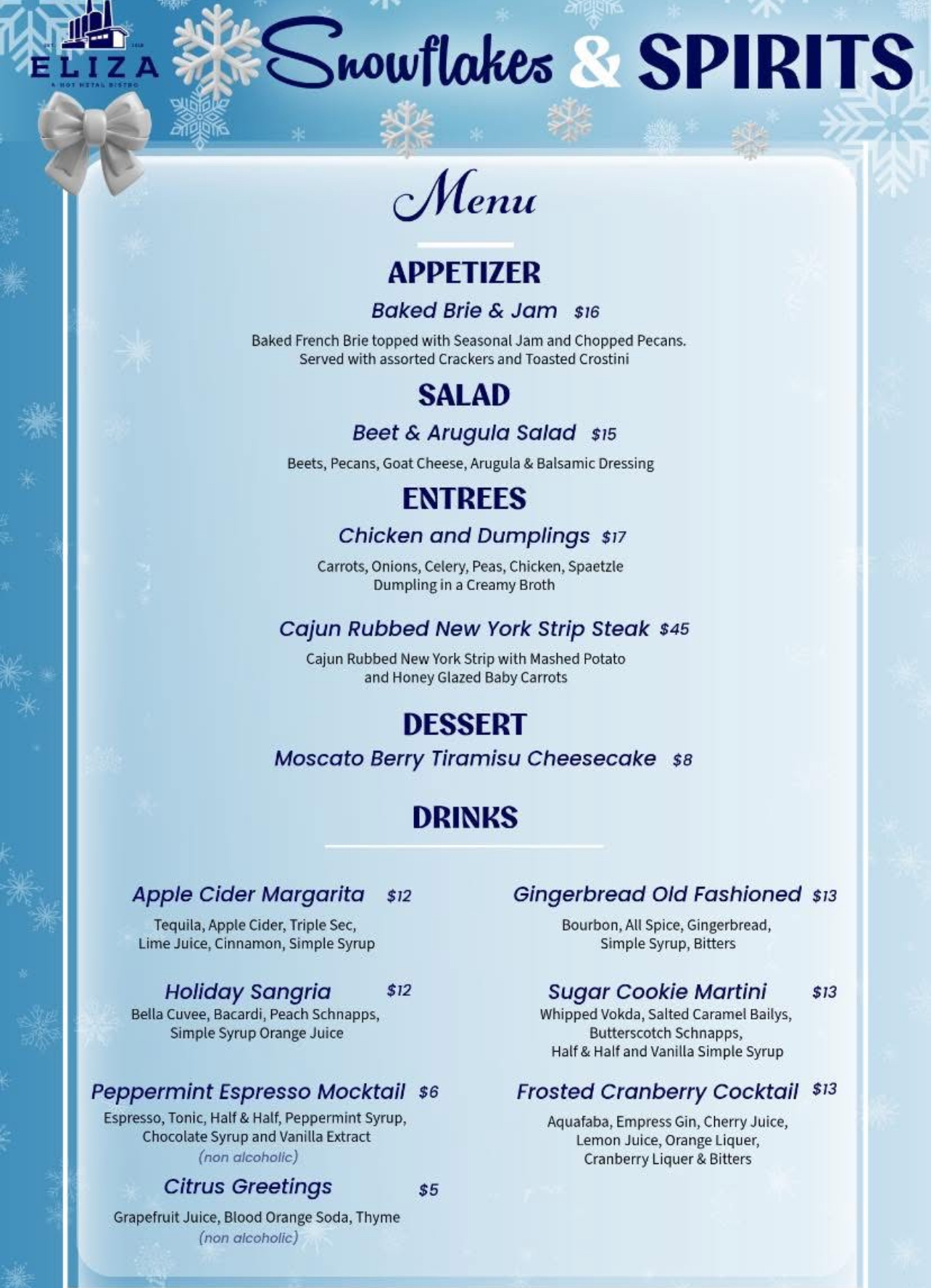 Menu for Snowflakes and Spirits with appetizers, salad, entrees, dessert, and drink options.