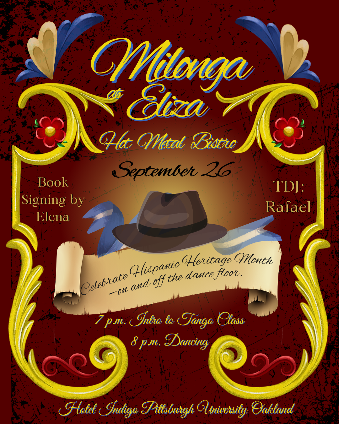 Poster for Milonga Eliza at Het Motel Bistro. Features dates, DJ information, and event details with artistic design.