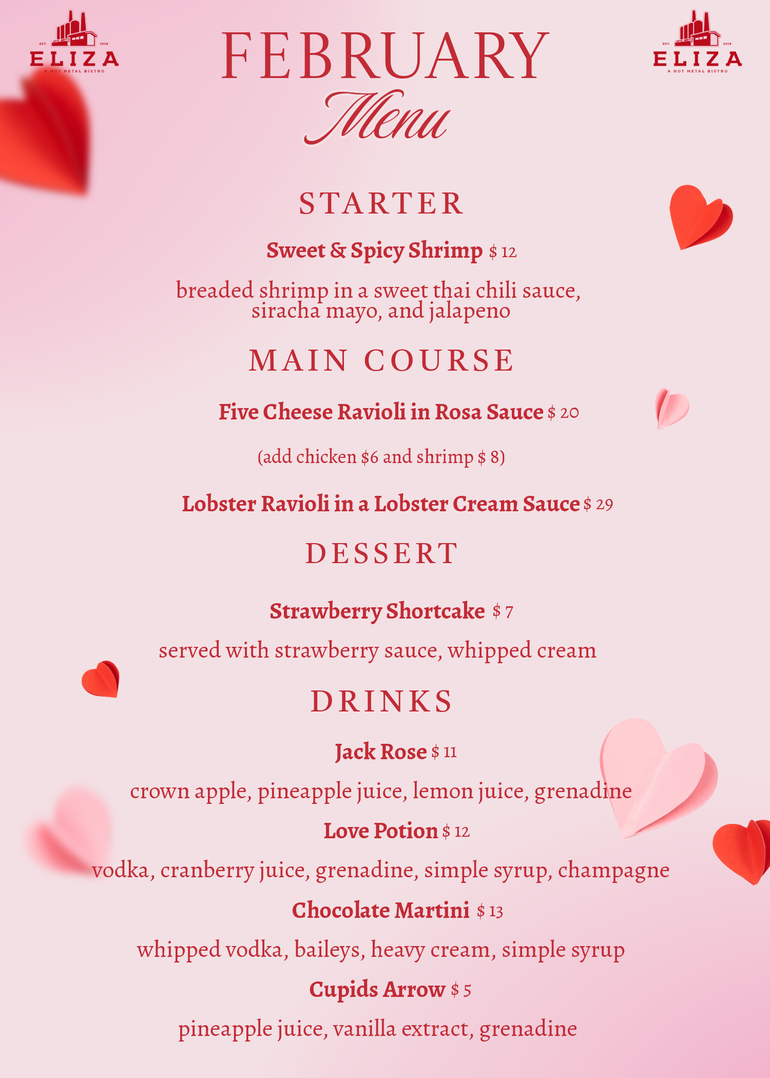 Pink February menu with food and drink options for a restaurant.
