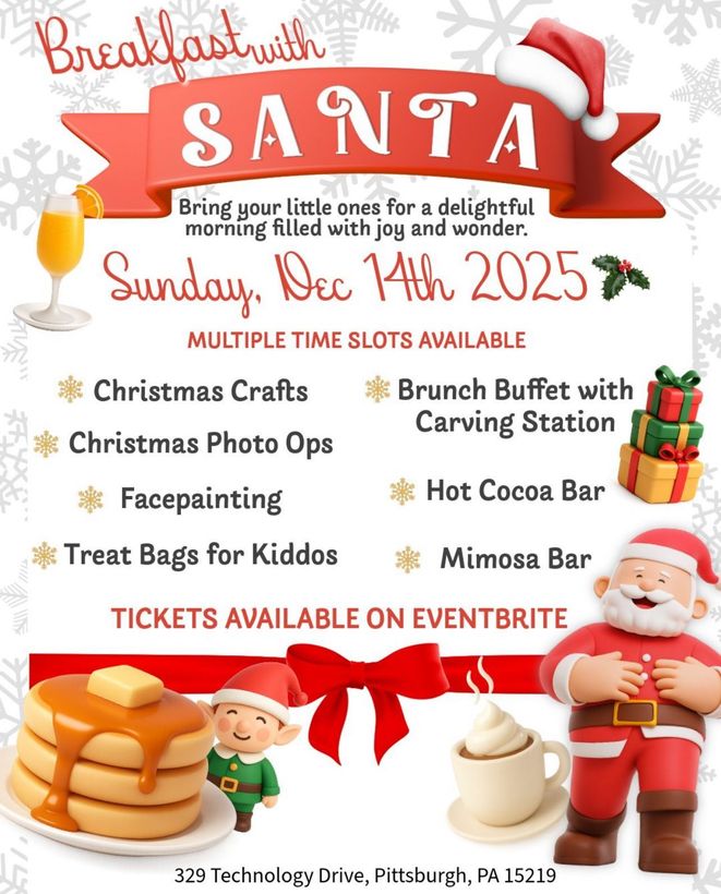 Breakfast with Santa event flyer, Santa, food, crafts, and activities on Dec 14, 2025, in Pittsburgh, PA.