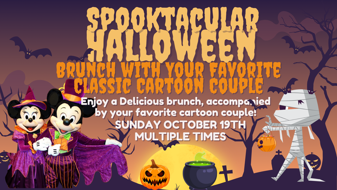 Spooktacular Halloween brunch invitation with Mickey and Minnie in witch costumes. Includes cartoon mummy, pumpkins, bats, and text.