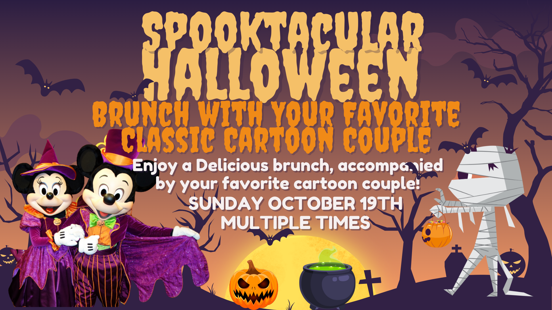 Spooktacular Halloween brunch invitation with Mickey and Minnie in witch costumes. Includes cartoon mummy, pumpkins, bats, and text.