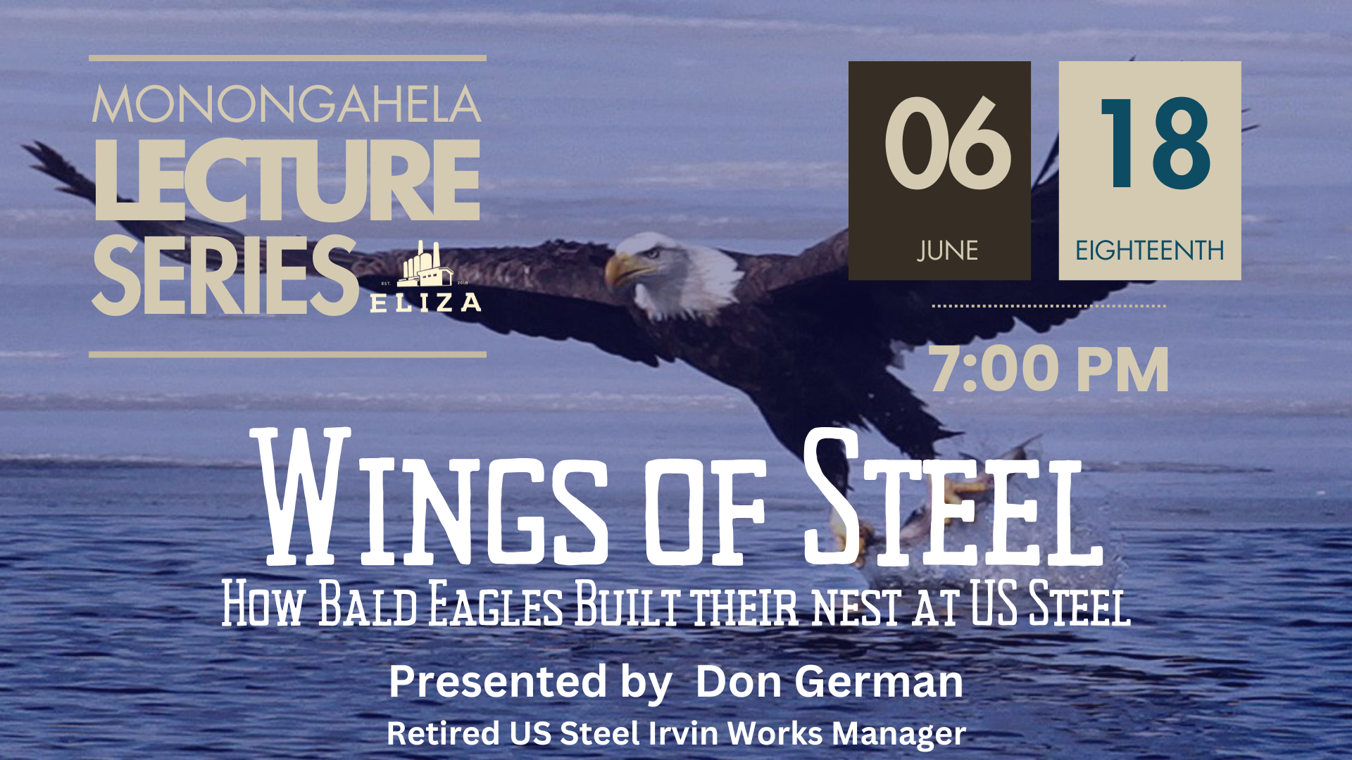 Monongahela Lecture Series poster for “Wings of Steel” with date, time, and a cliff-diving bird image