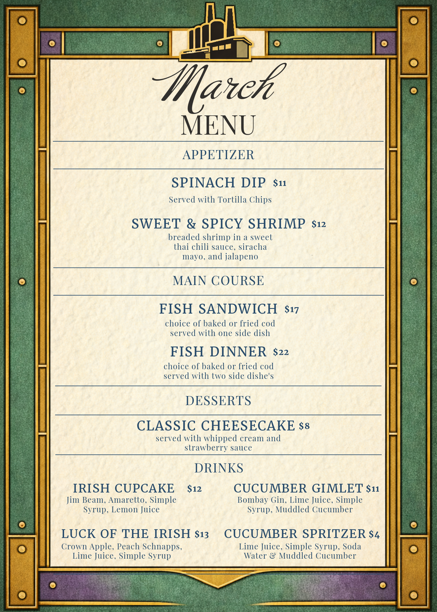A vintage-style March menu with an Art Deco border, featuring sections for appetizers, main courses, and drinks.
