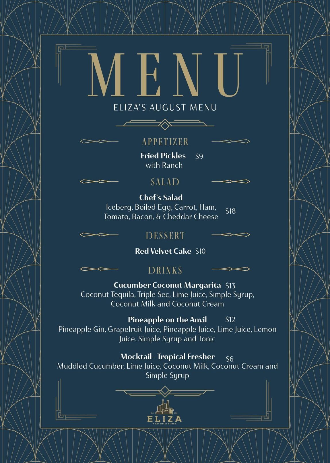 Eliza's August Menu