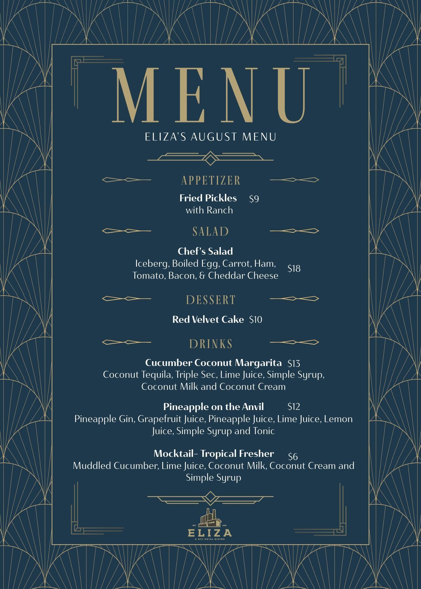 Eliza's August Menu