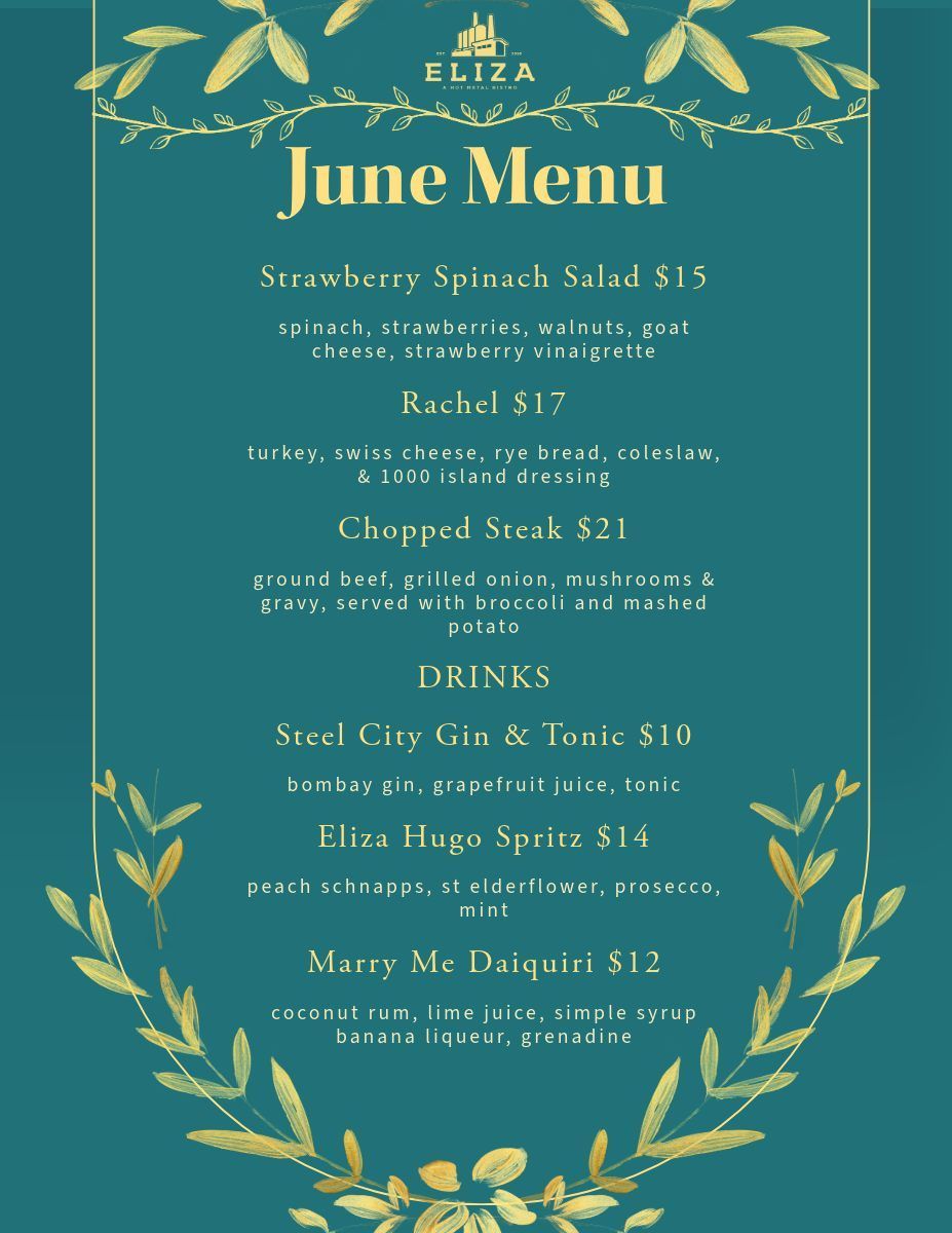 June menu with gold floral border and white text listing specials and drinks.