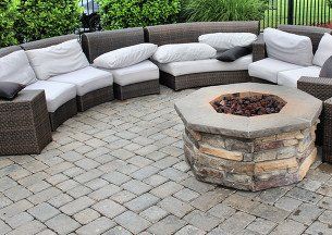 outdoor living space and fire pit