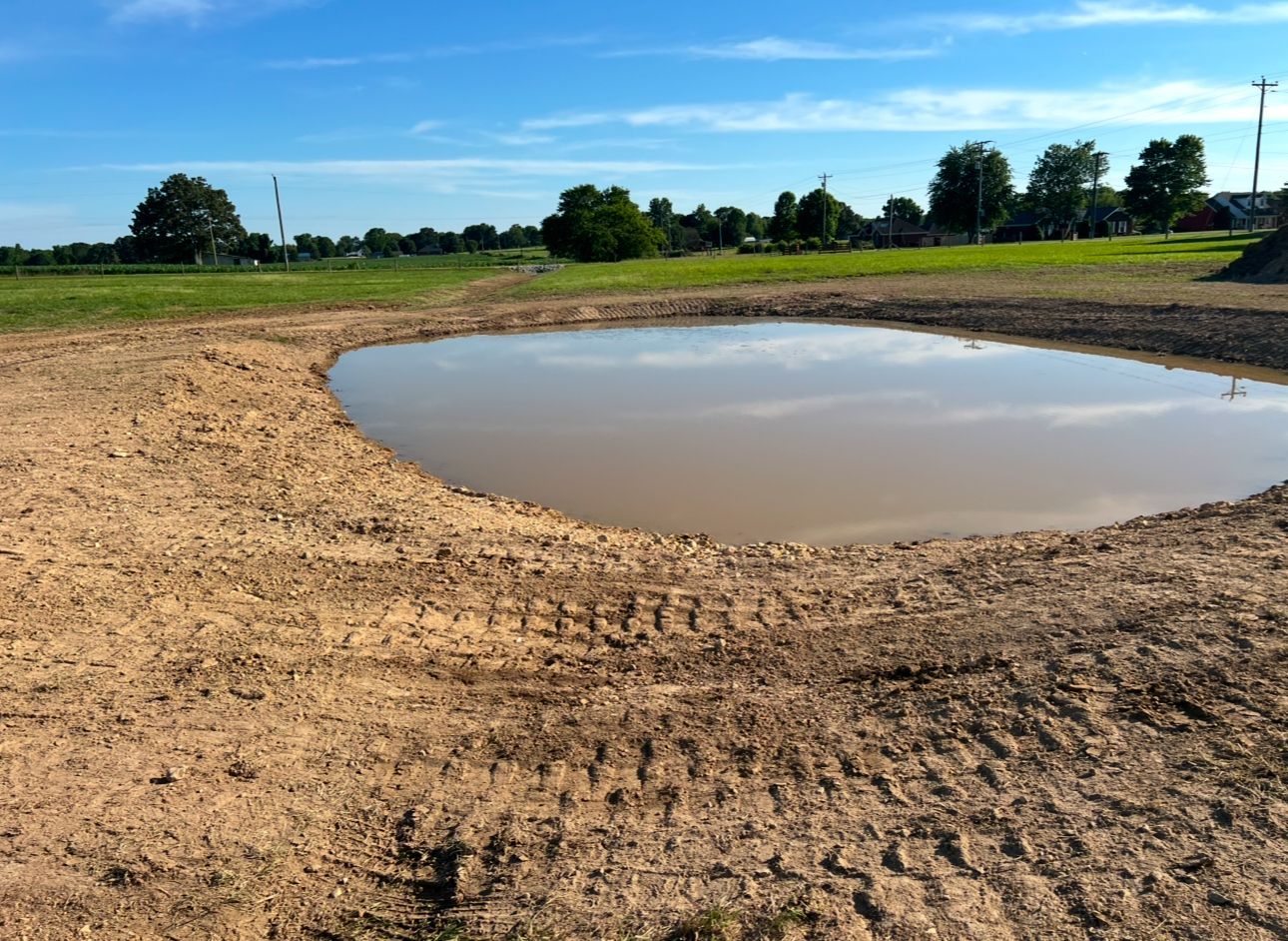 Pond of muddy water surrounded by dirt and tire tracks under a blue sky.