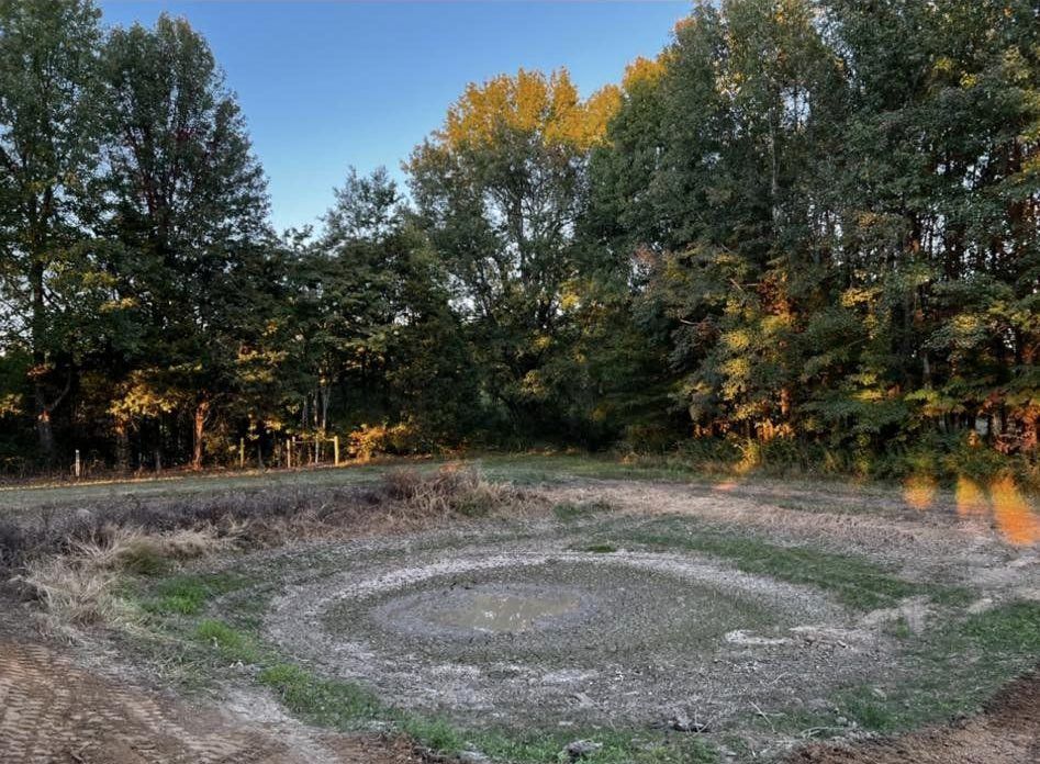 A circle in the middle of a field with trees in the background