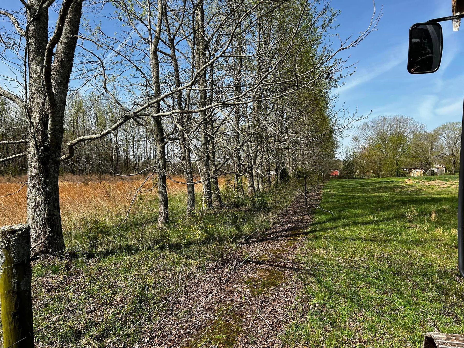 A dirt path going through a grassy field with trees in the background.