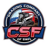 Logo for CSF Grading Company of SWFL featuring a skid steer, American flag background, and bold text.