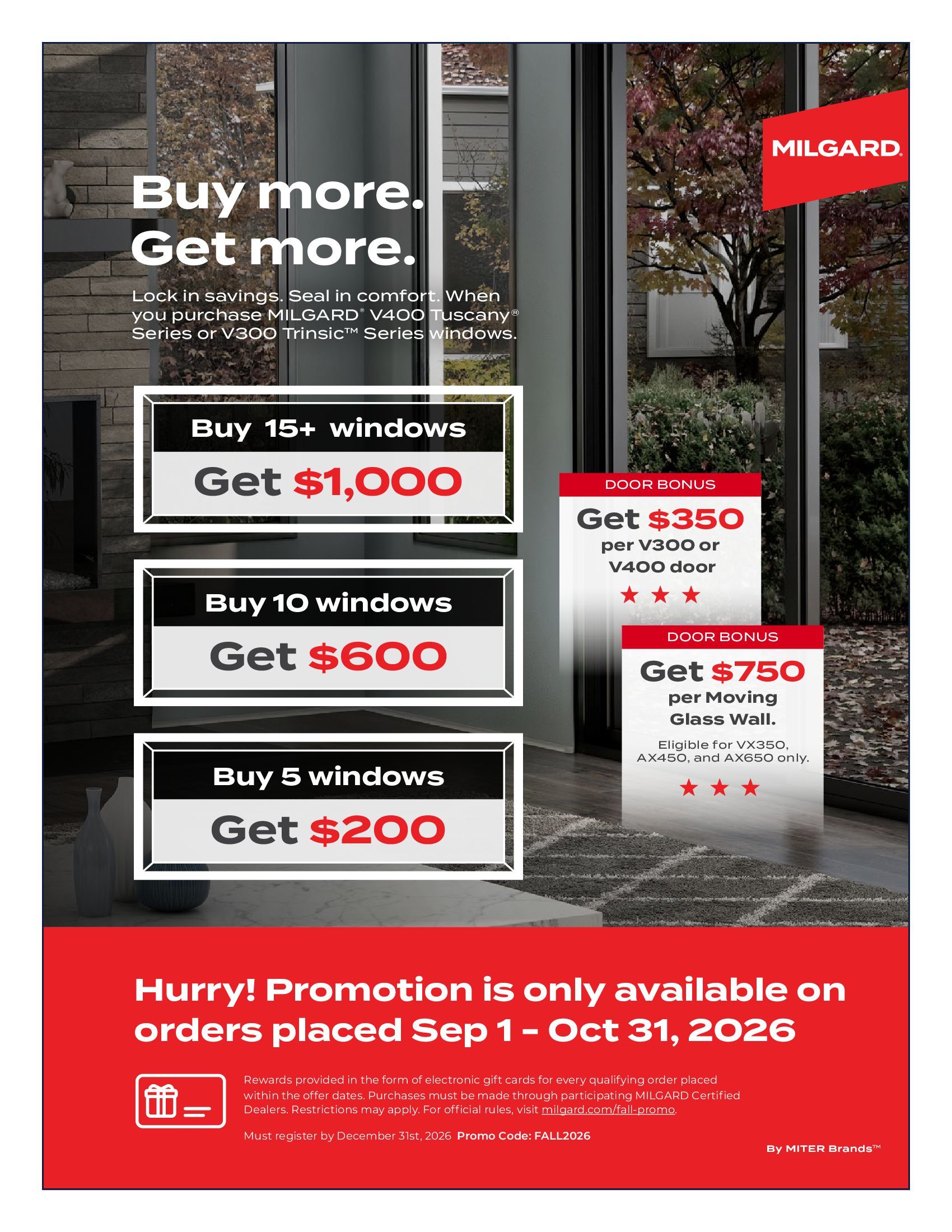 Milgard window sale ad with discounts on 5, 10, and 15+ windows, red promo signs, and Sep. 1–Oct. 31, 2026 dates