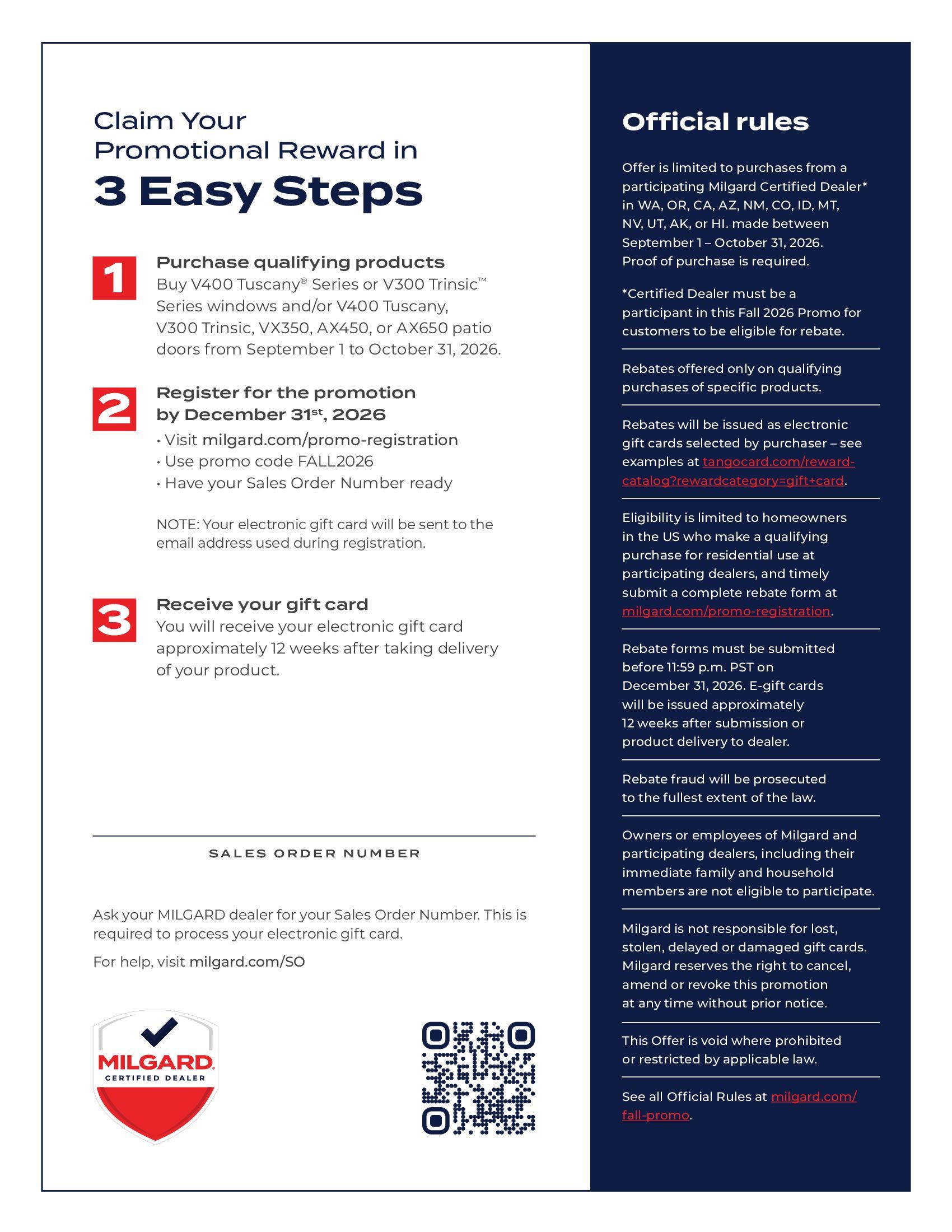 Promotion flyer with 3-step reward instructions, official rules, and a QR code on a blue background