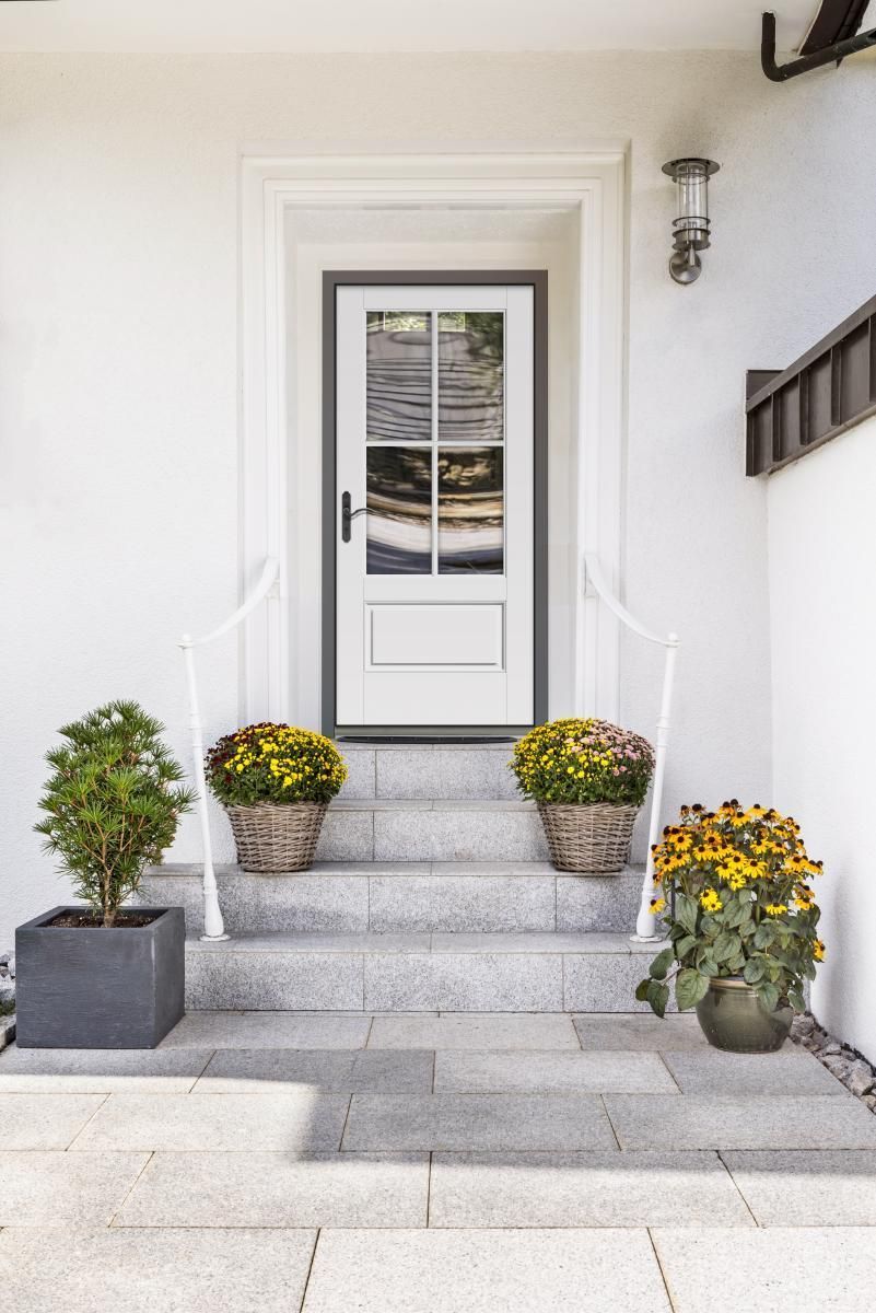 Front porch with white door, stone steps, and potted yellow flowers