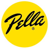 Pella logo in black script on a yellow circle background