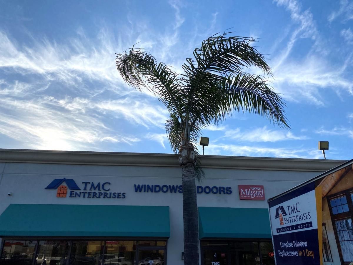 Storefront with TMC Enterprises sign, window doors signage, and a palm tree against a blue sky