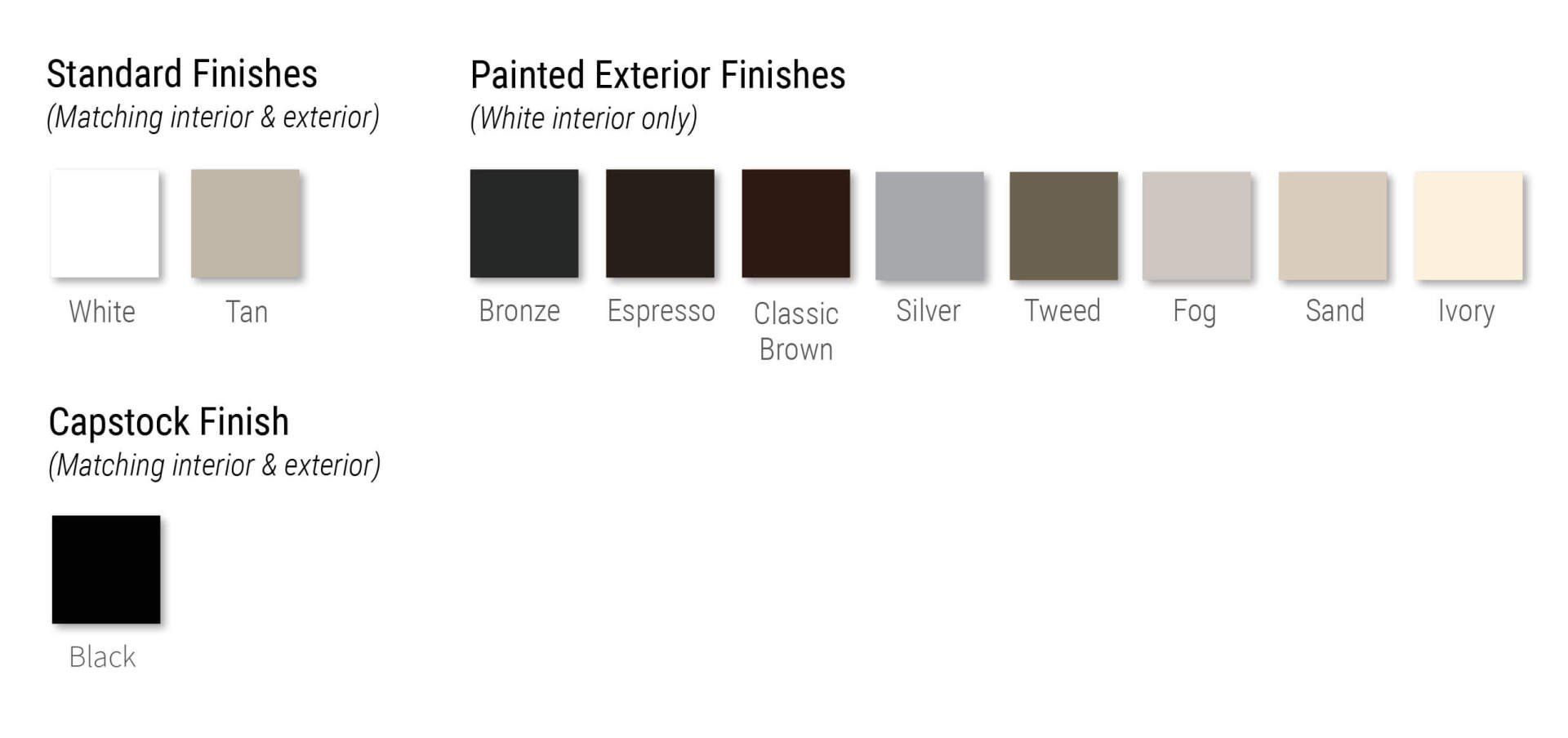 Cabinet finish swatches chart with white, gray, brown, beige, and black samples