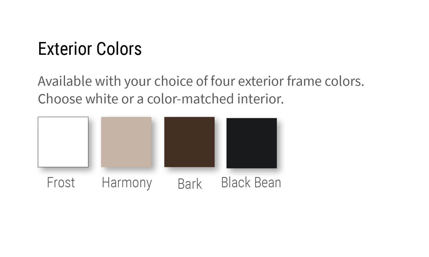 Exterior color options: Frost, Harmony, Bark, and Black Bean frame swatches.