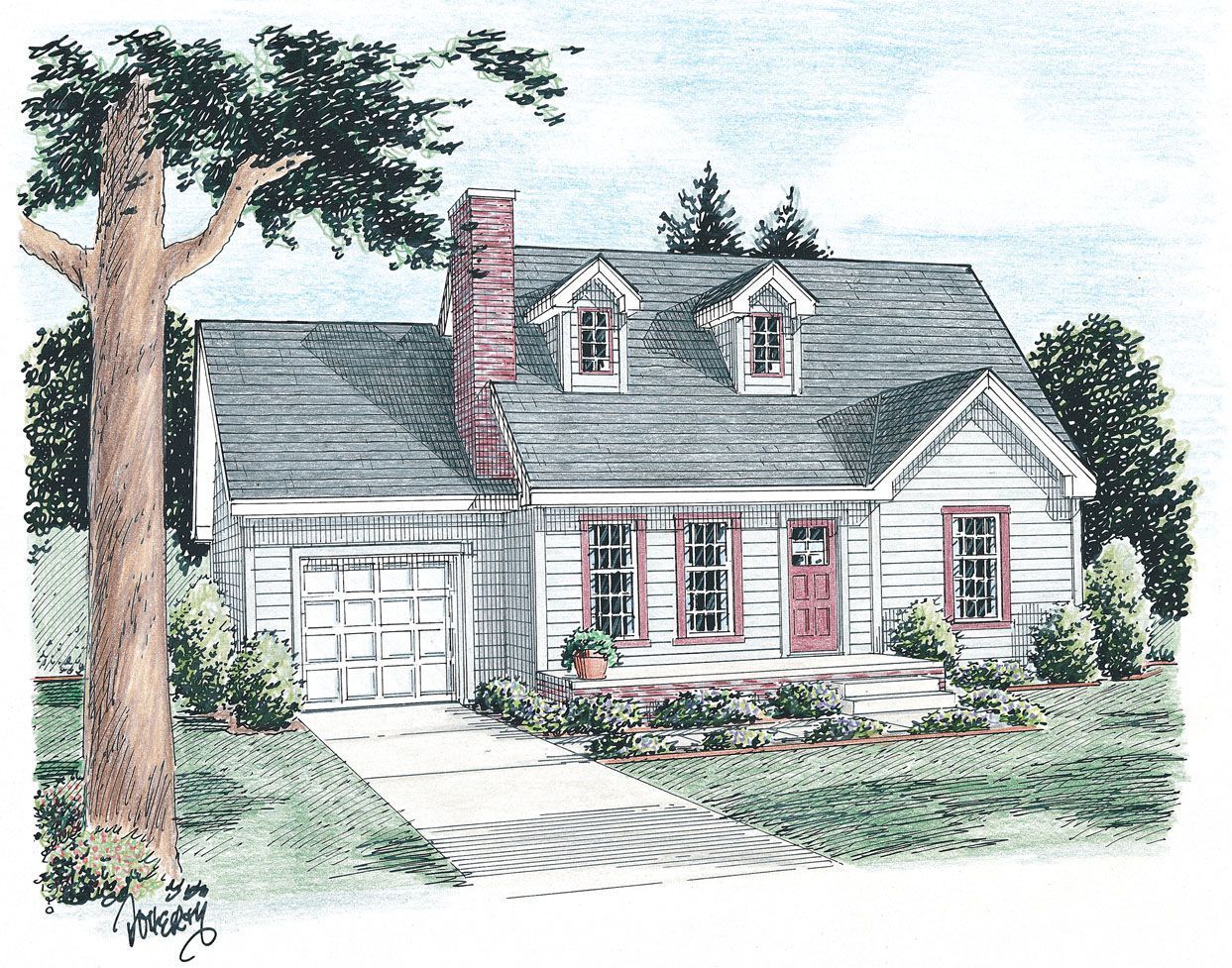 A drawing of a house with a tree in front of it