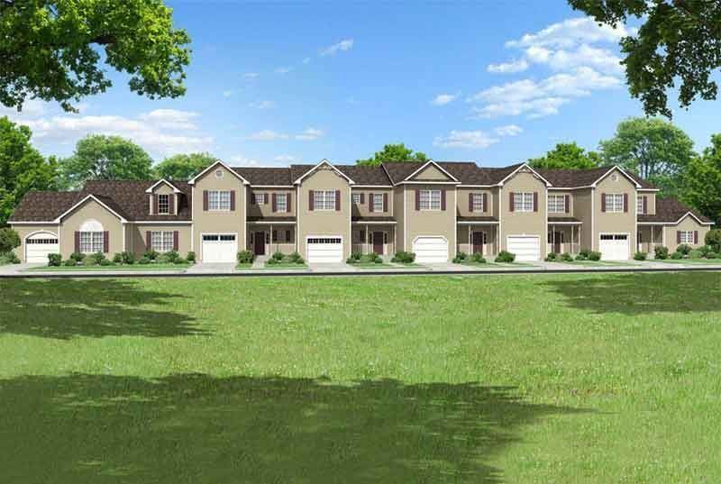 An artist 's impression of a row of houses sitting on top of a lush green field.