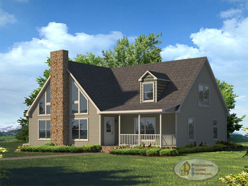 An artist 's impression of a house with a porch and a chimney