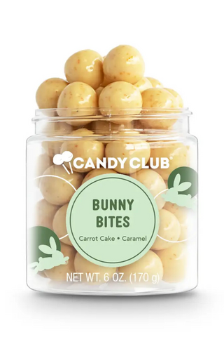 A jar of candy club bunny bites on a white background.