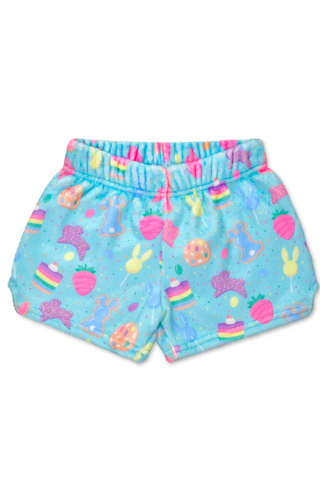 A pair of blue shorts with a colorful pattern on them.