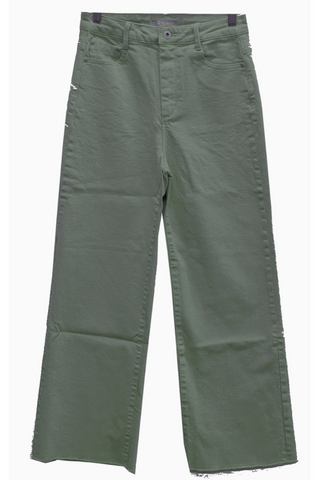 A pair of green wide leg jeans on a white background.